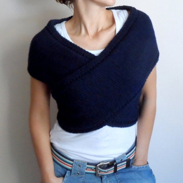 Dark Blue Vest Knit Cross Sweater Scarf Neckwarmer Wrap Hood Capelet Top