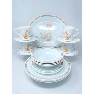 Corelle Peach Floral 21 pc Dinner Set W/Corning Mugs & Platter Service For 4