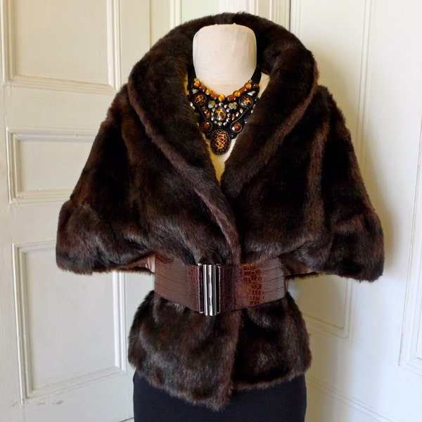 25% OFF-Holiday SALE-Faux Fur Jacket // Vintage Fake Fur Cape Stole//Dark Brown Faux Mink Stole// Vegan Fur C