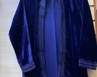 Handmade Moroccan Velvet Jacket | Navy Blue-on-Blue Embroidered Caftan Blazer