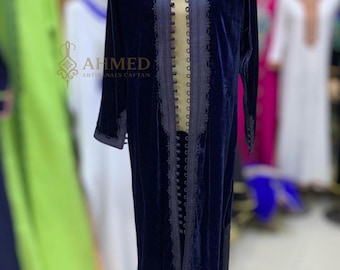 Caftan marocain en velours bleu marine : caftan de style kimono fait main