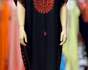 Handmade Moroccan Kaftan Dress – Black Orange Embroidered Cotton Maxi Boho Beach Wear