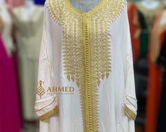 White Moroccan Kaftan Gandoura: Gold Embroidery, Handmade Wedding Dress