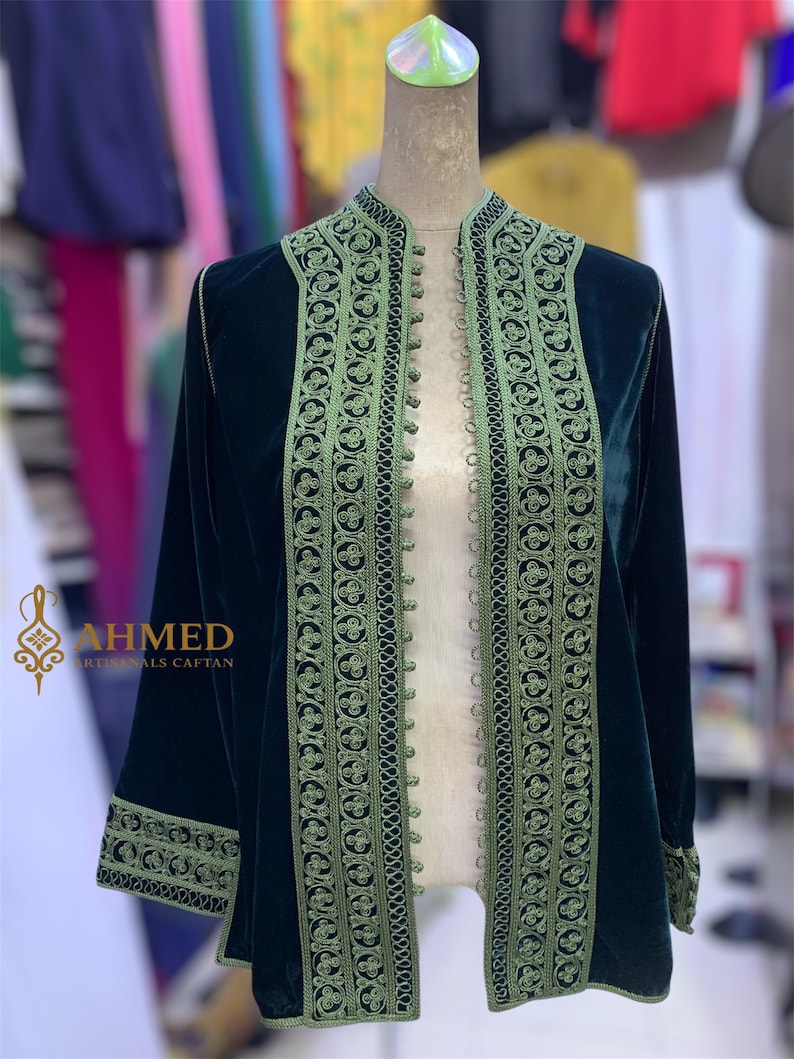 Velvet Moroccan Caftan Jacket With Handcrafted Green Embroidery ...