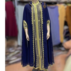 Navy Blue Moroccan Kaftan with Gold Embroidery – Traditional Caftan Dress | Handmade Selham Style | All Sizes Available