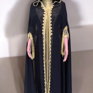 Black Moroccan Kaftan with Gold Embroidery – Traditional Caftan Dress | Handmade Selham Style | All Sizes Available