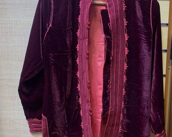 Handmade Moroccan Velvet Jacket - Burgundy Sfifa, Pink Beaded Lining