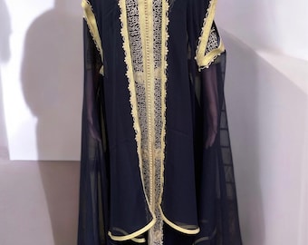 Black Moroccan Kaftan: Gold Embroidery, Handmade Selham Style