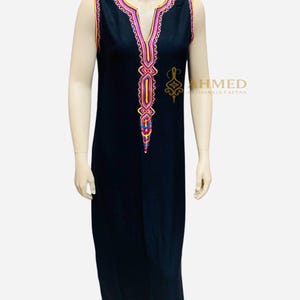 Moroccan Sleeveless Caftan Dress – Black with Colorful Embroidery | Traditional Handmade Kaftan | Available Sizes S to XXL