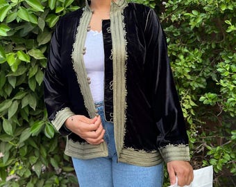 Handmade Moroccan Velvet Jacket – Traditional Black Velvet with Green Embroidery