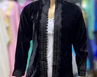 Black Velvet Moroccan Jacket | Handmade Embroidered Kimono Style Unisex Coat