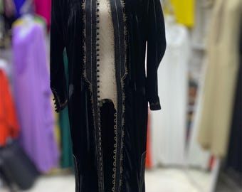 Black Velvet Moroccan Kaftan – Handmade Gold Embroidery Traditional Dress