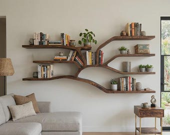 Sculptural Wooden Bookshelf, Handcrafted Artistic Shelving Unit, Modern Living Room Decor Storage