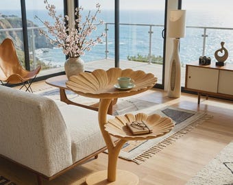 Mesita auxiliar de madera con tablero en forma de hoja, mesa de centro inspirada en la naturaleza, mueble artístico para la sala de estar.