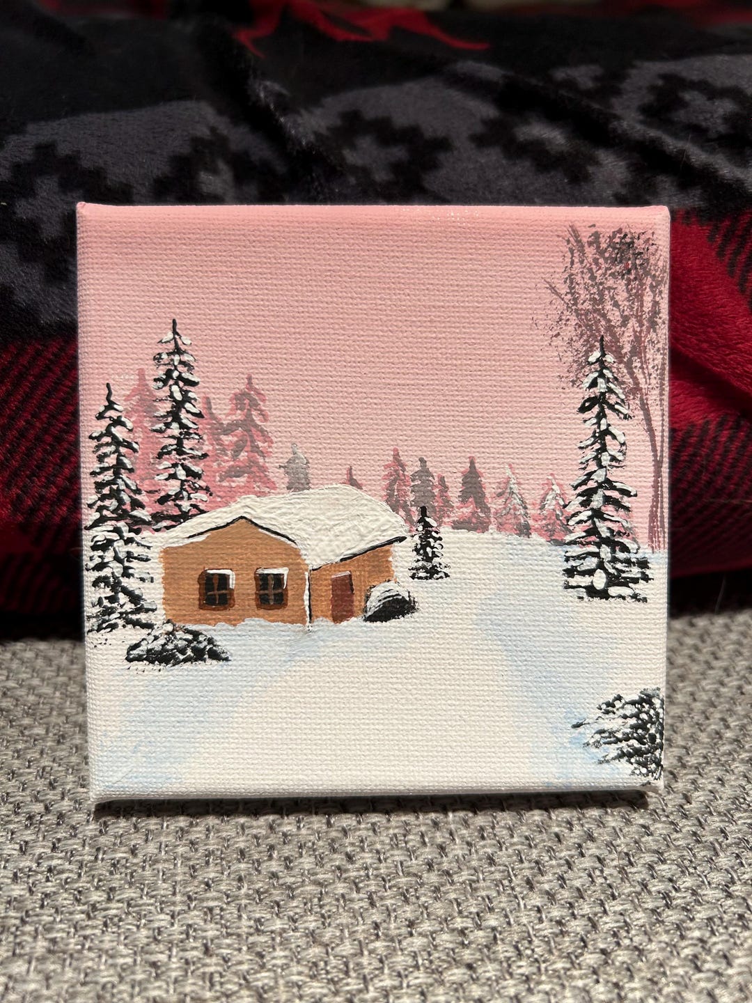 Snowy Cabin Acrylic Painting 4x4 - Etsy