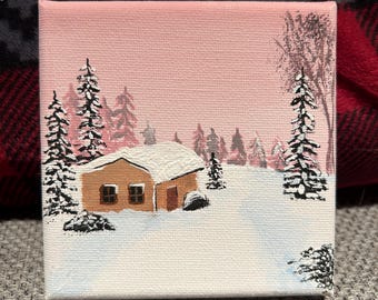 Snowy Mountain Cabin Acrylic Painting on Canvas Panel - Etsy