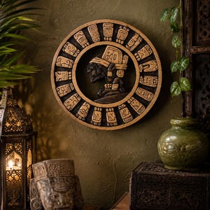 Vintage Mayan Tzolkin Calendar Wood Wall Hanging: Hand Carved Mesoamerican Decor Plaque
