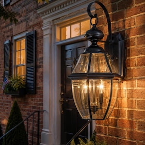 Farol de pared exterior vintage con cristal biselado negro, estilo colonial, para entrada de porche.