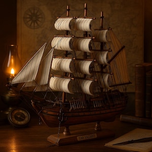 Vintage USS Valiant Wooden Tall Ship Model – Handcrafted Navy Frigate with 14 Cannons & Cloth Sails – Nautical Maritime Decor