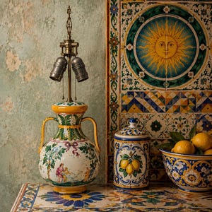 May include: A ceramic table lamp base with two handles and painted figures, a cylindrical lidded jar featuring a lemon motif, and a matching bowl filled with yellow lemons. The items are decorated with intricate blue, yellow, and green patterns.
