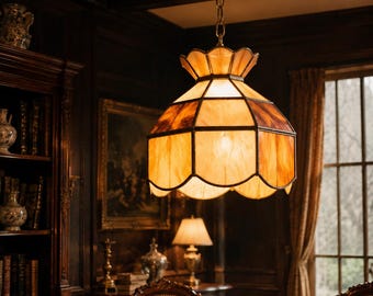 Vintage Tiffany Style Slag Glass Hanging Pendant Lamp, Amber Cream Stained Glass Swag Light, Old World Ceiling Decor