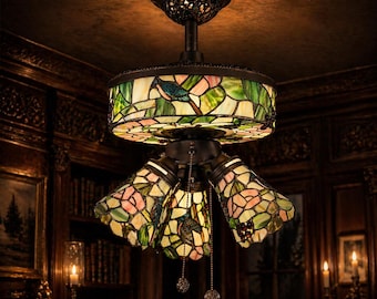 Peacock Stained Glass Hanging Lamp, Tiffany Style Jeweled Accent Light, Vintage Style Decorative Lamp, Eclectic Statement Lighting