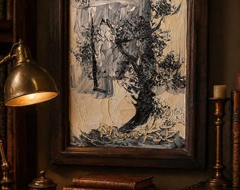 Morris Katz Signed 1982 Oil Painting, Vintage Impasto Abstract Tree Art, Framed Original Palette Knife Painting, Dark Academia Wall Decor