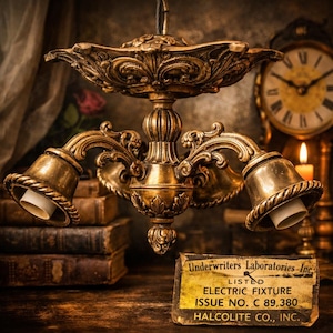 May include: Ornate gold-colored chandelier with three lights. The fixture has a detailed, vintage design. A label with text is visible below the chandelier. The background includes a clock, books, and a candle.