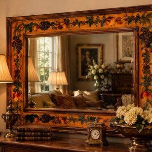 May include: A rectangular wall mirror featuring a wide, hand-painted wooden frame with a warm orange background. The frame is decorated with detailed illustrations of green leaves, dark purple grapes, and red apples along all four sides.