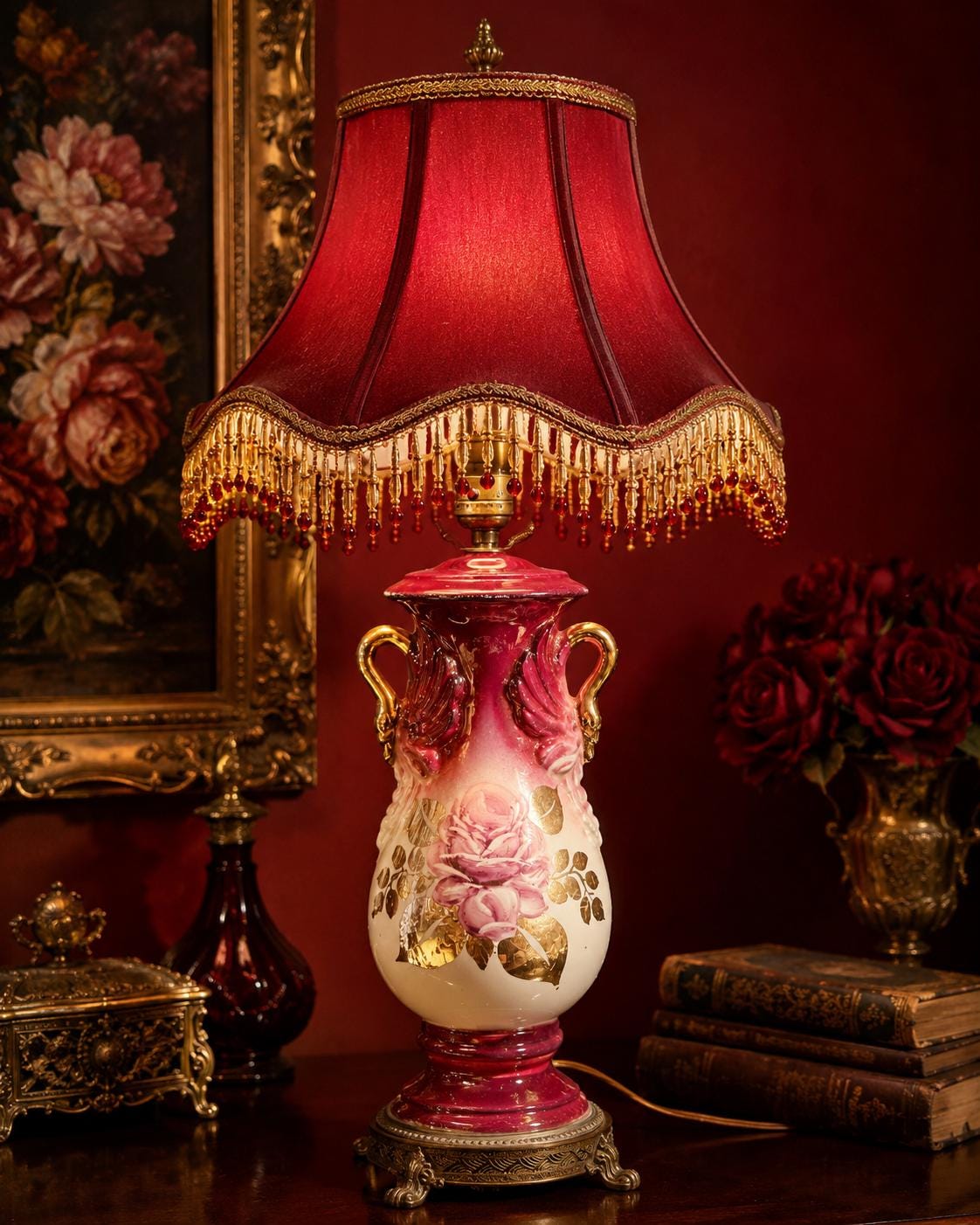 Vintage Pink Porcelain Lamp, Hollywood Regency Swan Handles, Gilt