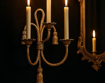Vintage Gold Wall Sconce Candle Holder – 3 Arm Rope  Tassel Design, Metal & Resin 14”