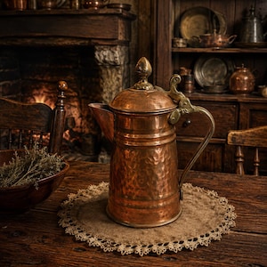 May include: A hammered copper coffee pot with a cylindrical body, a tapered spout, and a brass handle featuring a hinged lid with a decorative finial. The metal surface displays a warm, metallic orange-brown patina with visible indentations.