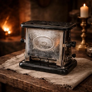 May include: An antique toaster with a silver finish and black accents. The toaster features an oval design on the front and sits on a wooden surface. The image has a warm, vintage aesthetic, with a candle and fireplace in the background.