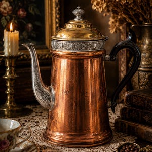 Antique Manning Bowman Copper Coffee Pot | Victorian Teapot, Silverplate Spout, Tinned Interior