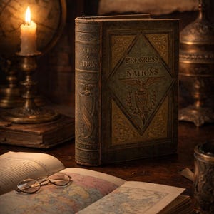 May include: An old book titled "Progress of Nations" with an ornate cover, standing on a wooden table. An open book with a map and spectacles, a lit candle, and a globe are also visible, creating a vintage aesthetic.