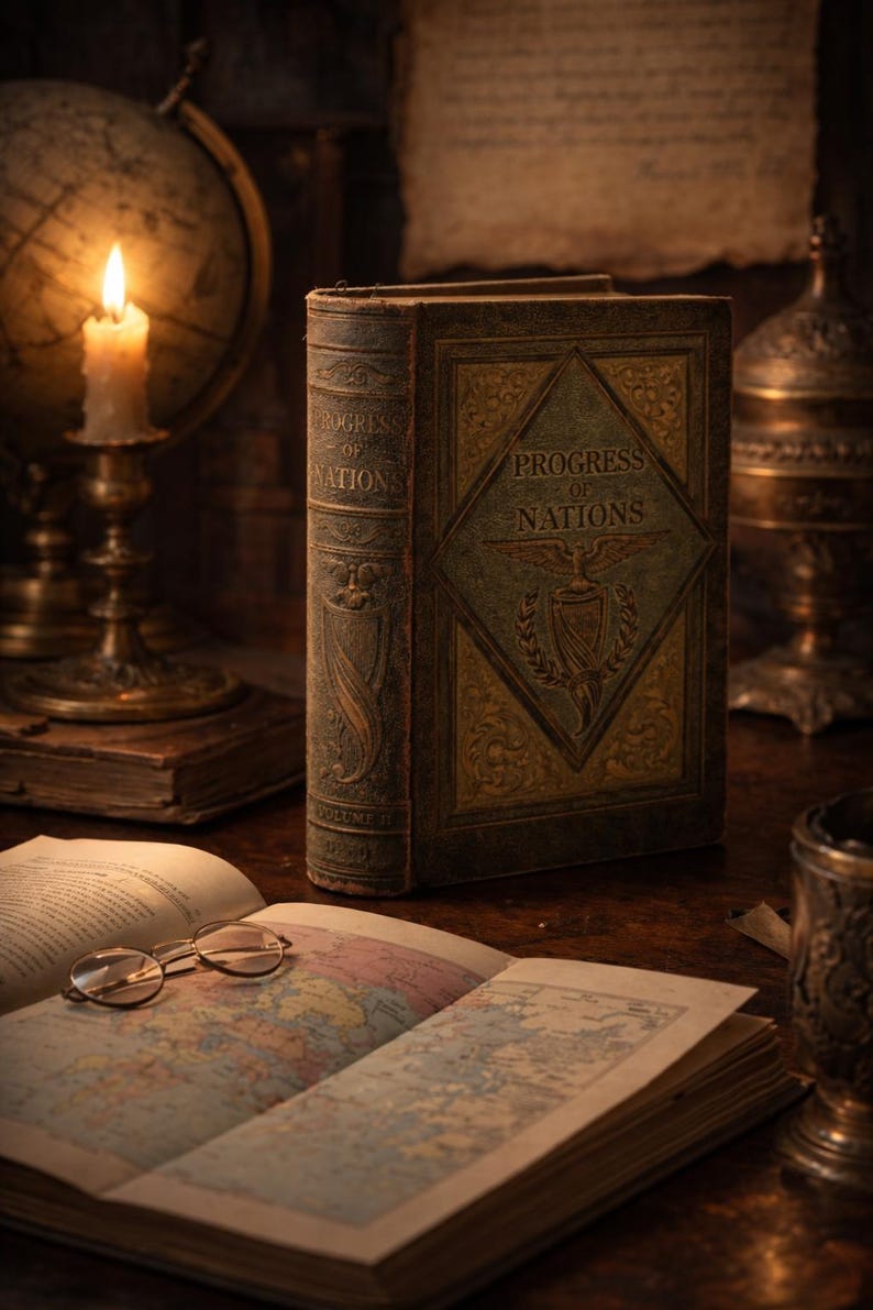 May include: An old book titled "Progress of Nations" with an ornate cover, standing on a wooden table. An open book with a map and spectacles, a lit candle, and a globe are also visible, creating a vintage aesthetic.