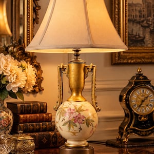 May include: A table lamp with a beige fabric lampshade and a gold-toned metal base. The base features a spherical ceramic body decorated with hand-painted pink flowers and green leaves, accented by two ornate gold handles on the sides.