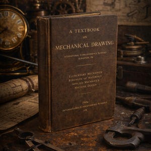 May include: A vintage textbook on mechanical drawing, with the title and subject matter in gold lettering. The book is brown and worn, with the text "International Correspondence Schools" and "Scranton, PA" visible. Other mechanical tools are in the background.