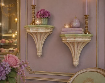 Pair Vintage Hand Painted Florentine Style Wall Console Shelves, Resin Wall Brackets, Pastel Green Floral Shelves, Shabby Italian Decor