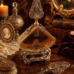 May include: A triangular glass perfume bottle with an ornate gold-toned metal frame featuring intricate filigree patterns. The bottle has a decorative gold stopper with a detailed relief design and a matching gold base with four feet.