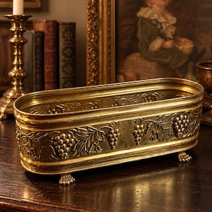 Puede incluir: Una jardinera ovalada alargada de latón con un patrón de relieve detallado de racimos de uvas y hojas de parra en sus paredes exteriores. El recipiente se apoya sobre cuatro pequeñas patas ornamentadas en forma de garra y tiene un acabado metálico pulido.