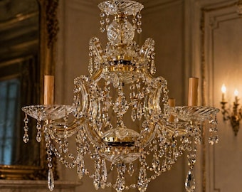 Lámpara de techo vintage de cristal, latón y vidrio, 4 luces, estilo Hollywood Regency y French Empire.