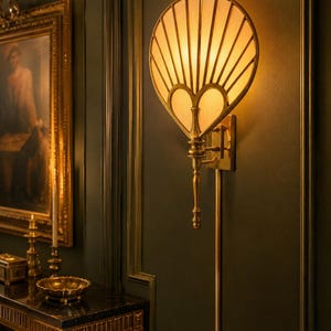 Puede incluir: Un aplique de pared con un marco de latón en forma de abanico y un detalle central en forma de corazón. La luz se difunde a través de un panel translúcido de color blanco roto, emitiendo un resplandor cálido y suave.