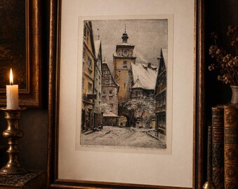 Originele Radierung Paul Geissler Rothenburg ingelijste Duitse ets vintage muurkunst