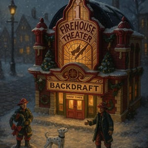 Può includere: Una scena natalizia in miniatura con un Firehouse Theater con le parole "BACKDRAFT" e "SHOW TIMES" sul tendone. Due figurine di vigili del fuoco e un cane dalmata sono davanti all'edificio in un ambiente innevato.