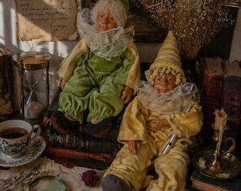 Vintage Pierrot Doll Pair, Harlequin Cloth Dolls, Composition Face Shelf Decor, Flute