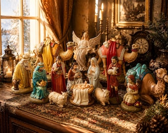 Hollandse kerststal uit 1976 | 16 grote handgeschilderde keramische figuren | Gesigneerd J. Hauss | Kerstcrèche