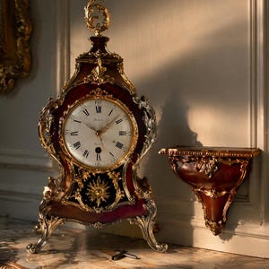 May include: An ornate, antique clock with a burgundy and gold finish. The clock features a white face with Roman numerals and gold hands. A matching wall shelf is to the right. The clock sits on a marble surface.