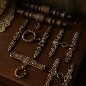 Vintage Brass Hardware Lot – Ornate Victorian Drawer Pulls, Wood Handles