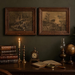 Antique Pair American Battle Engravings Framed Military Prints Solid Wood Frames Dark Academia Wall Decor